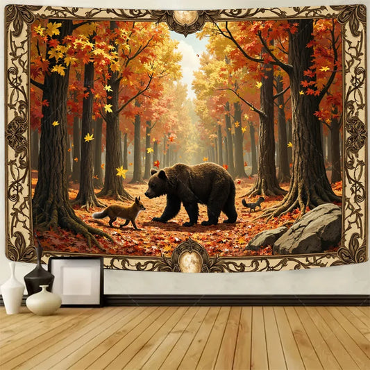 Autumn Forest Wall Tapestry – Bear & Fox Rustic Nature Wall Art for Living Room, Bedroom, Dorm, or Home