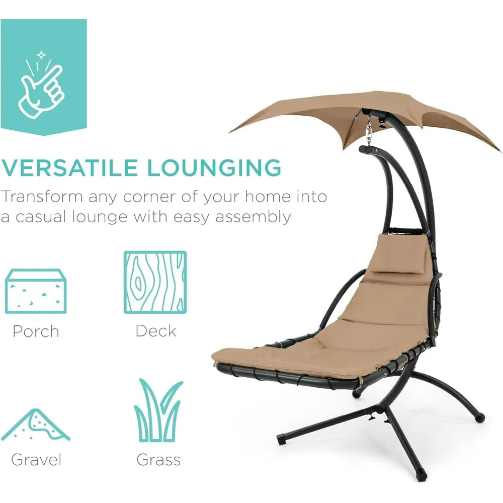 Outdoor Hanging Curved Steel Chaise Lounge Chair Swing w/Built-in Pillow and Removable Canopy