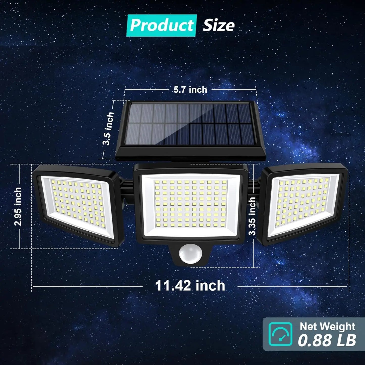 IP65 Waterproof Triple Head Outdoor Solar Light – 210 LED, 2500LM Motion Sensor Security Light for Porch, Garage, Patio, and Yard Entrance