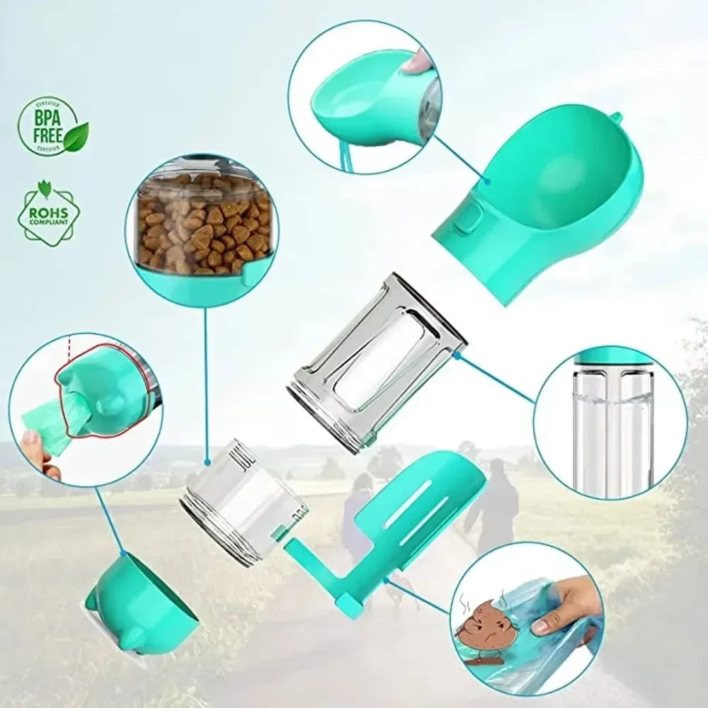 500ml 3-in-1 Pet Water & Food Dispenser – Leak-Proof Dog Water Bottle with Trash Bag Holder & Shovel for Outdoor Use
