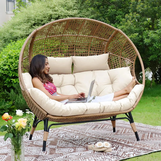 Oversized 2-Person Egg Chair with Thick Padded Cushions – Indoor/Outdoor Double Egg Loveseat, 680 lbs Capacity, Stationary Wicker Lounge Chair for Patio, Porch, Bedroom