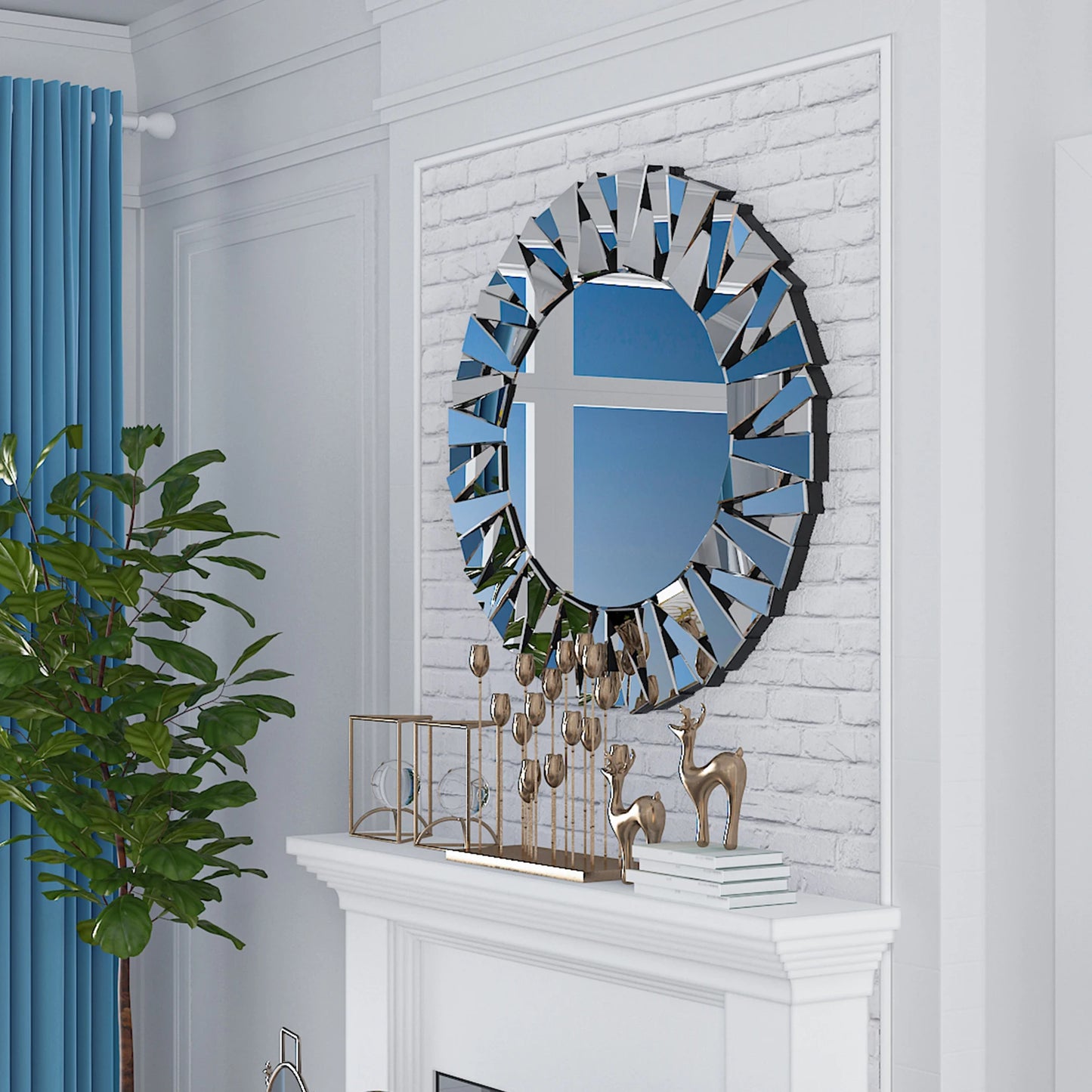 32" Silver Modern Round Sunburst Mirror with Beveled Accents – Elegant Wall Decor for Living Room, Bedroom, Entryway