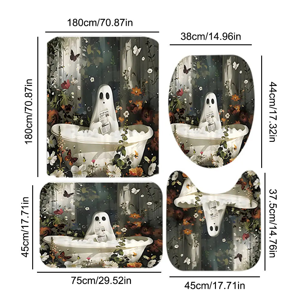 Cute Cartoon Ghost Shower Curtain Set Halloween Bathroom Curtain Polyester Fabric Bathtub Curtain with Hooks for Bathroom Decor