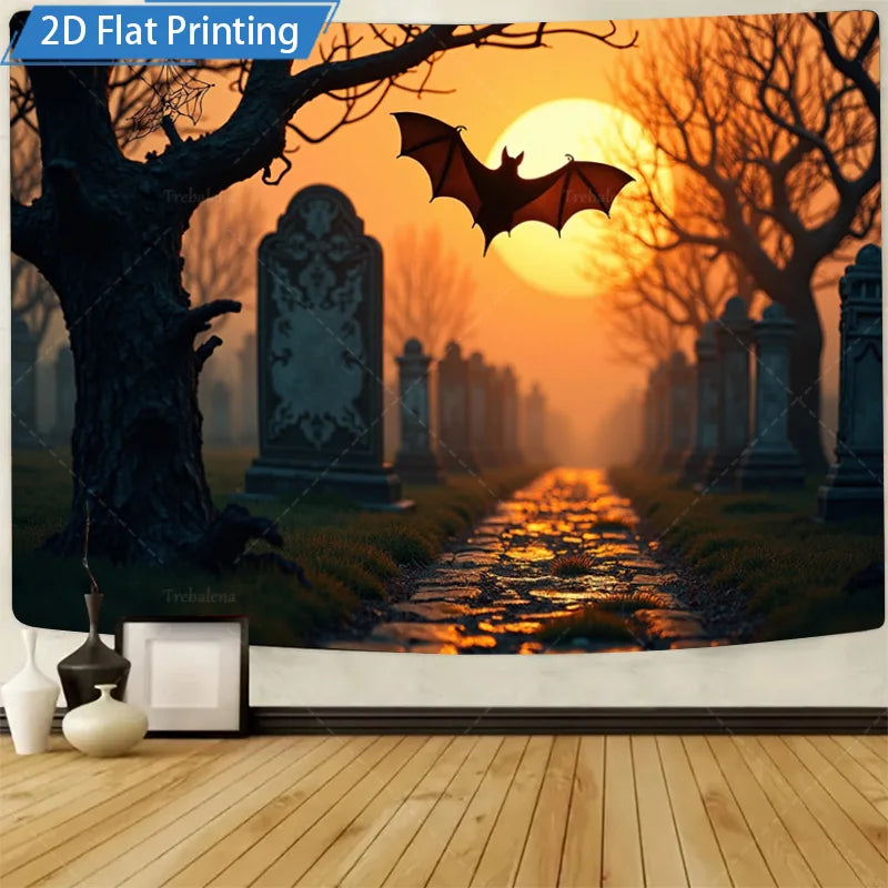 Halloween Wall Tapestry – Spooky Blood Moon Rising with Pumpkin & Bat Design, Gothic Holiday Décor for Home, Bedroom, or Party