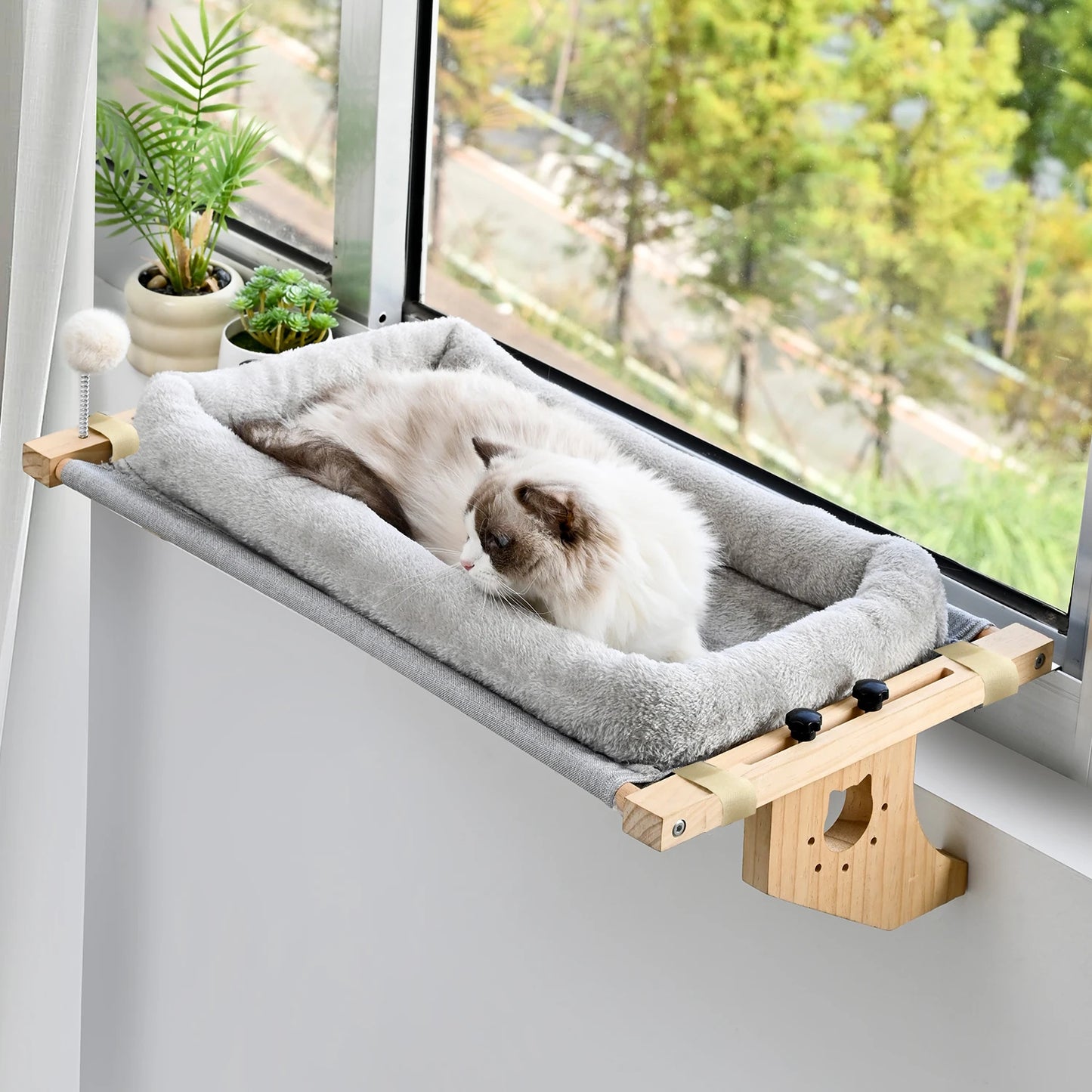 Cat Mattress Window Hammock – Double-Sided All-Season Bed with Hardwood Frame, Scratching Post & Play Balls