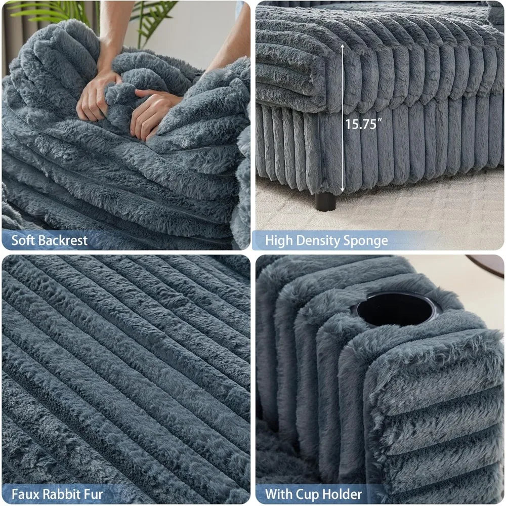 63" Plush Faux Rabbit Fur Corduroy Chaise Loveseat – USB Charging Station, Cup Holder & Pillows Included