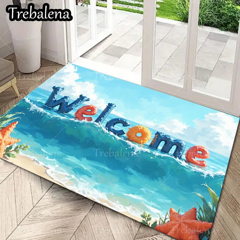 Beach Welcome Door Mat – Ocean Wave & Starfish Decorative Entryway Rug