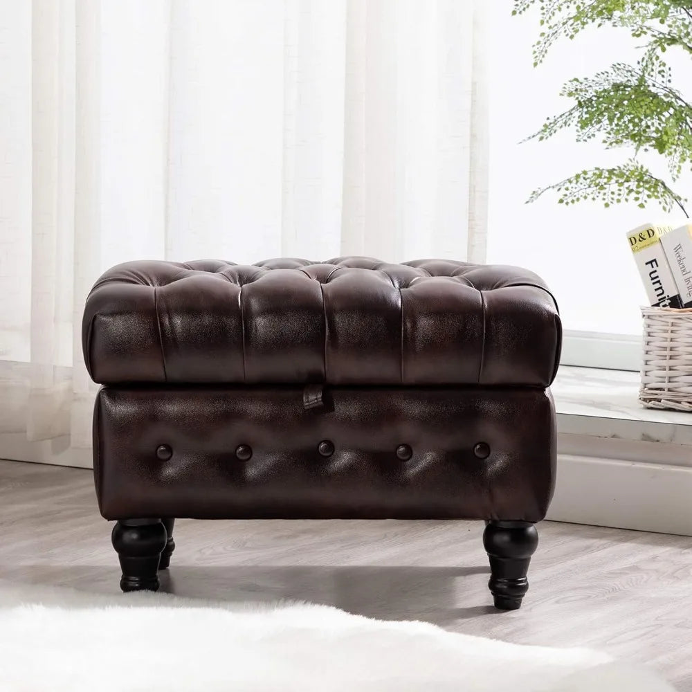 Modern Button-Tufted Storage Ottoman – PU Fabric Footstool with Hidden Storage for Living Room, Bedroom & Entryway
