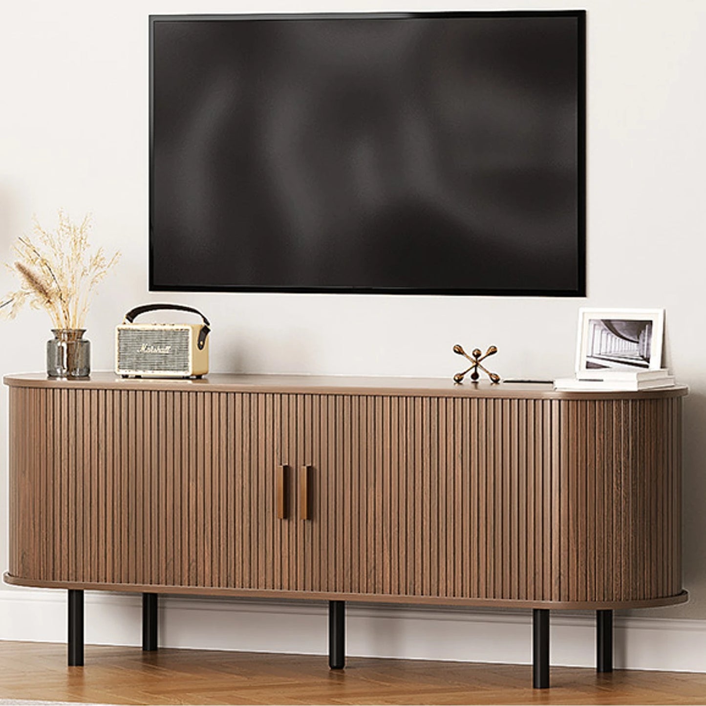 Modern TV Stand with Power Outlet – Entertainment Center with Sliding Doors, Adjustable Shelves & Storage for TVs up to 60/70"