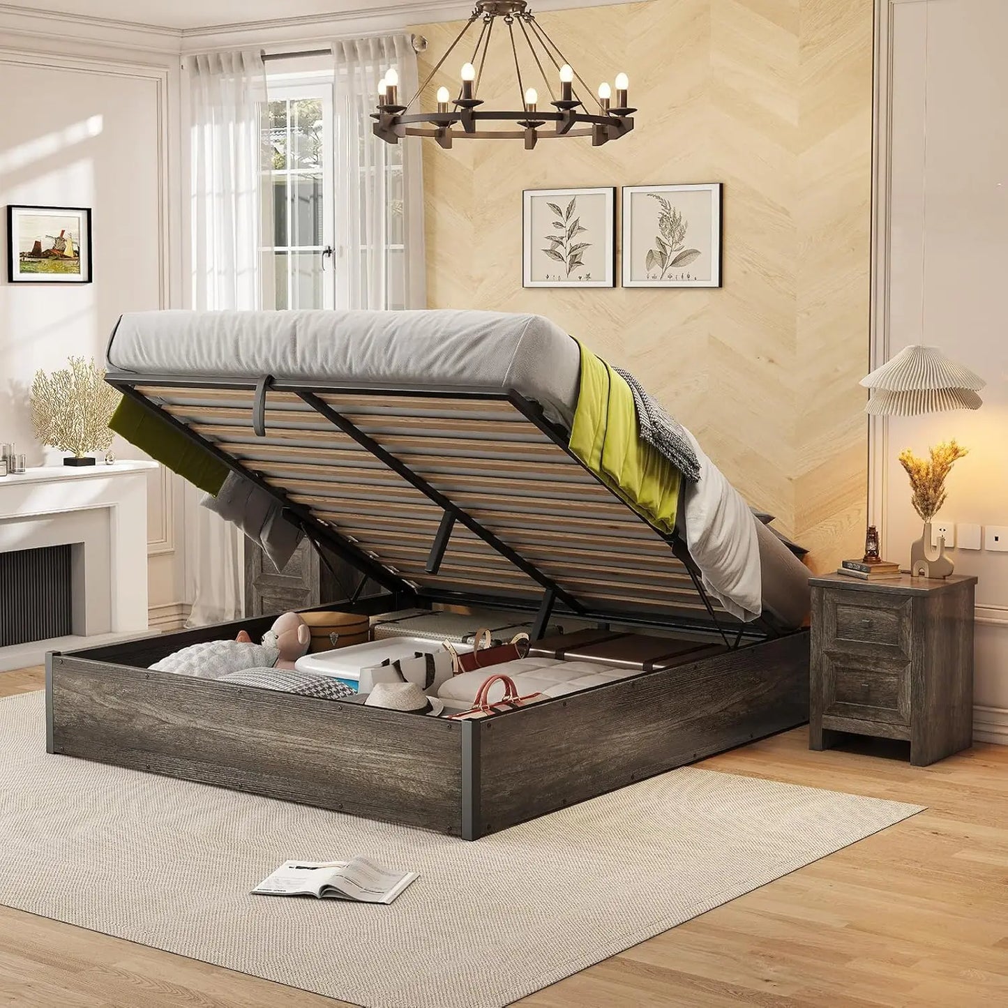 Lift-Up Storage Bed Frame – Wooden Platform Bed with Underbed Storage, Solid Wood Slat Support, No Fixed Headboard, No Box Spring Needed
