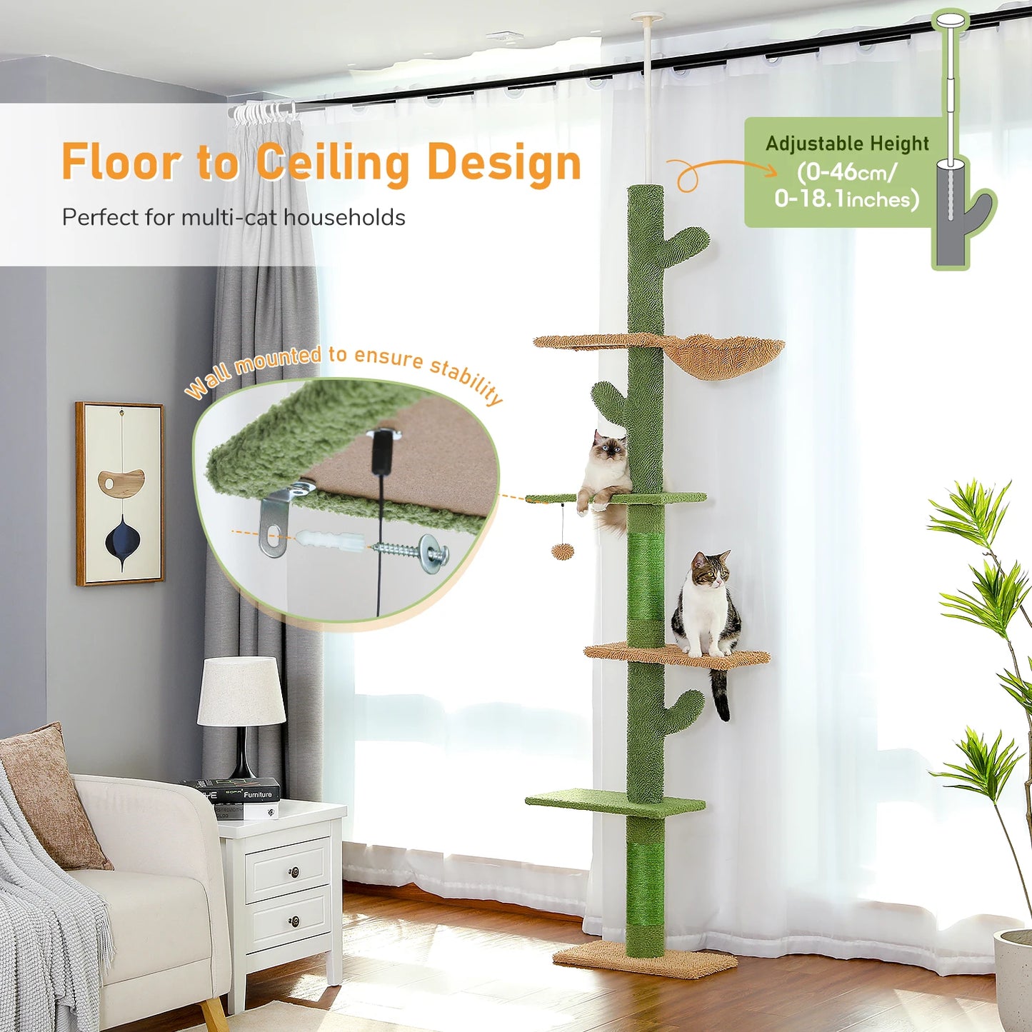 5-Tier Floor-to-Ceiling Cactus Cat Tree Tower – Tall Climbing Activity Center with Hammock, Scratching Posts & Dangling Ball for Indoor Cats
