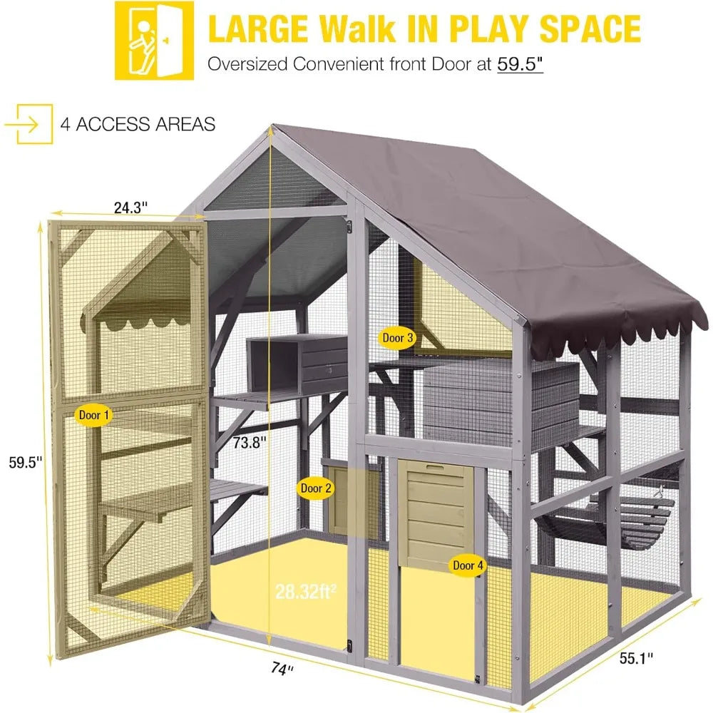 Outdoor Cat Catio Enclosure – Large Cat Run with Bridges, Walkways & Cozy Hideouts | Weather-Resistant Cat Playhouse for Multiple Cats