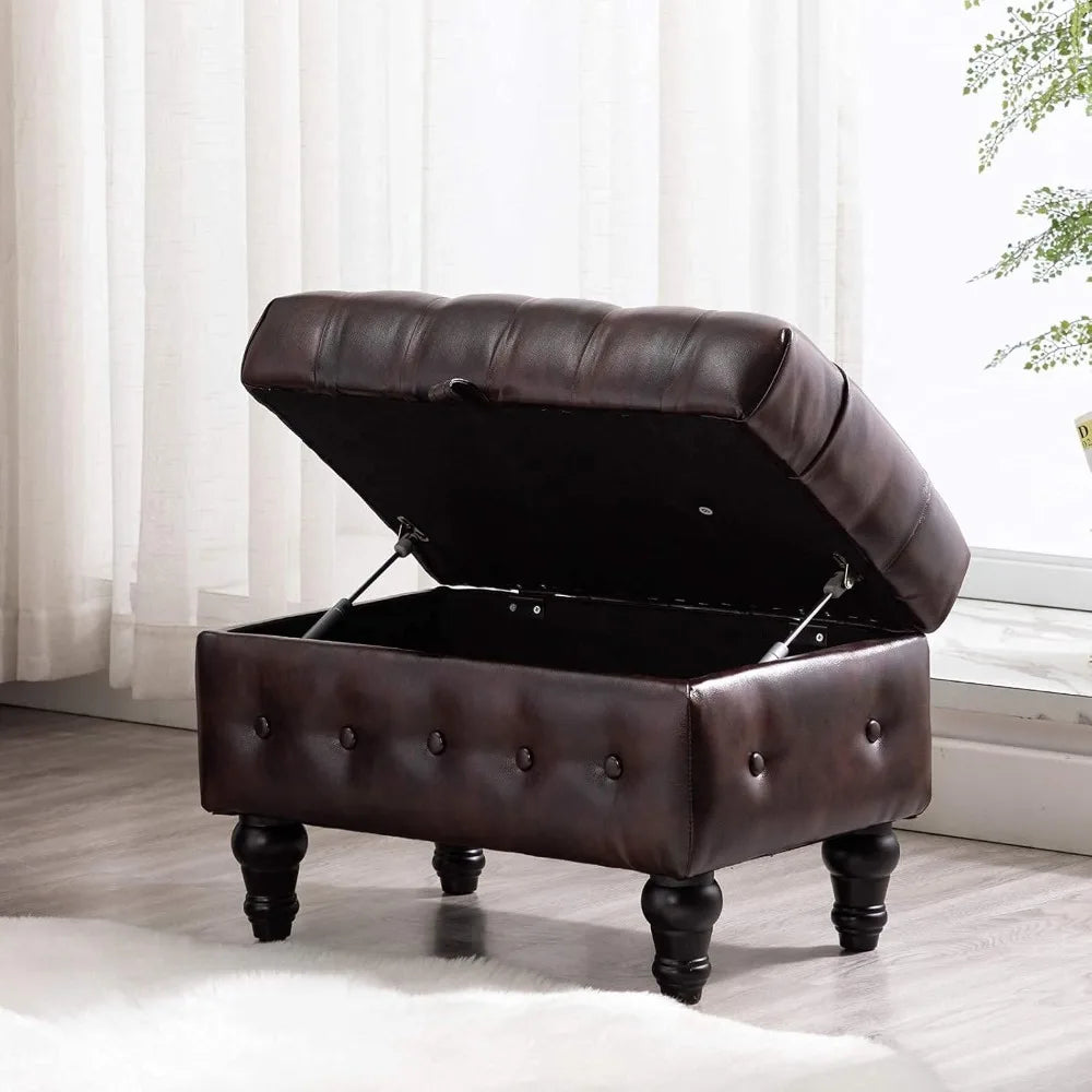 Modern Button-Tufted Storage Ottoman – PU Fabric Footstool with Hidden Storage for Living Room, Bedroom & Entryway