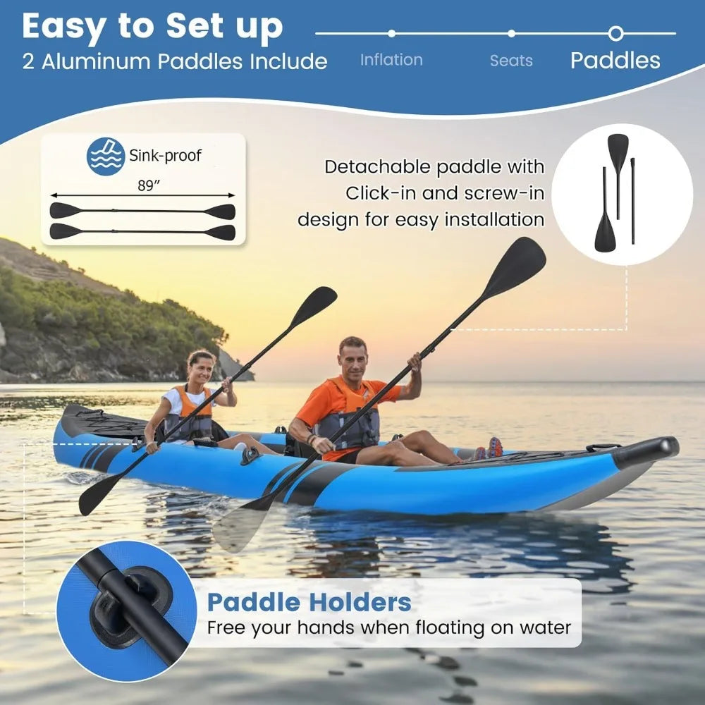 12.5FT Inflatable 2-Person Kayak Canoe – Heavy-Duty Drop-Stitch Floor, 507 lbs Capacity, Adjustable Seats, Paddles, Pump & Carry Bag Included