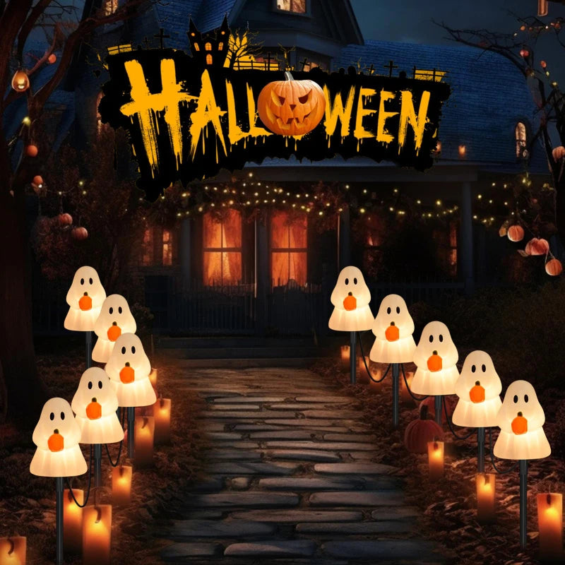 All Saints' Day 7FT Ghosts Pathway String Light – 4 White Ghost Stake Lights, Waterproof Outdoor Garden & Holiday Decoration