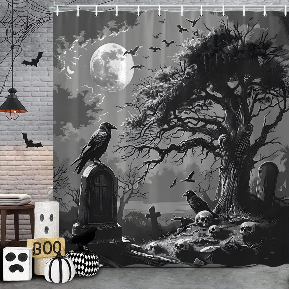 🦇 Spooky Halloween Skeleton & Crow Shower Curtain – Gothic Black Cat & Bat Design with Hooks