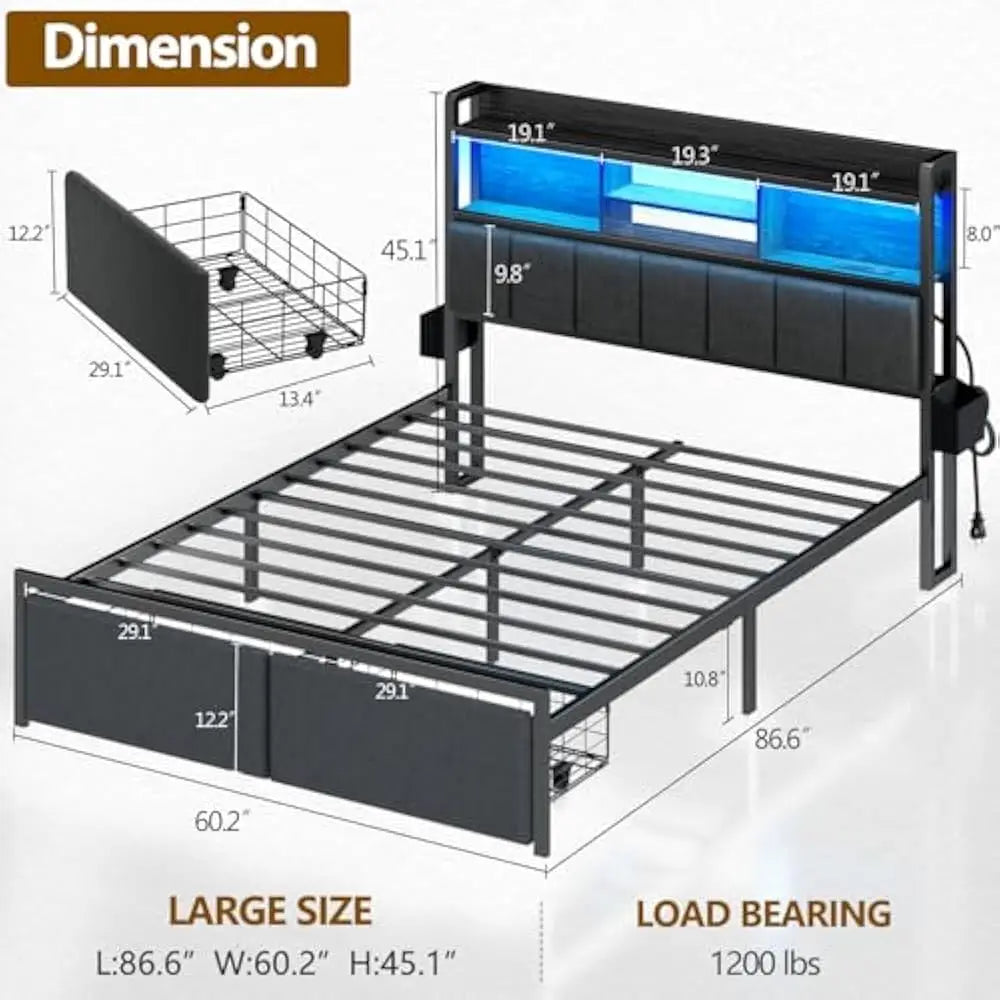 LED Queen Size Bed Frame with Storage Drawers & Charging Station – Metal Platform Bed with Headboard, No Box Spring Needed