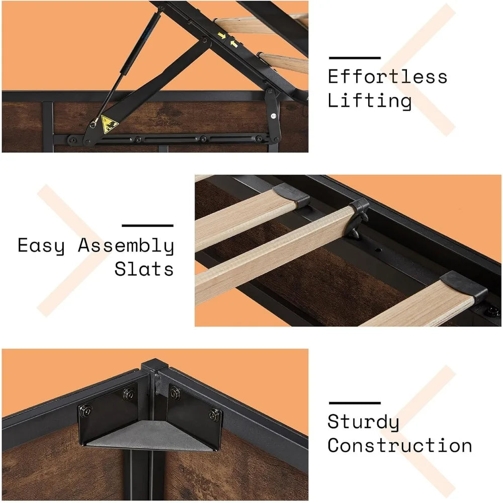 Lift-Up Storage Bed Frame – Wooden Platform Bed with Underbed Storage, Solid Wood Slat Support, No Fixed Headboard, No Box Spring Needed