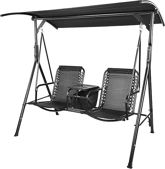2 Seat Outdoor Patio Swing Chair Outdoor Canopy Swing Glider with Pivot Storage Table, Cup Holder, Adjustable Shade