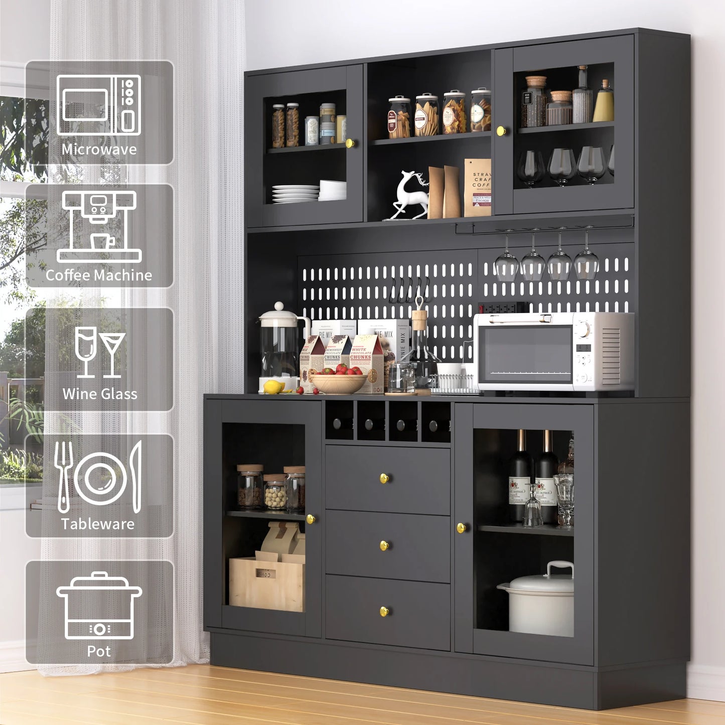 Pantry Cabinet – Freestanding Kitchen Storage Buffet Hutch with Pegboard, Cup Holder & Power Outlet, Black