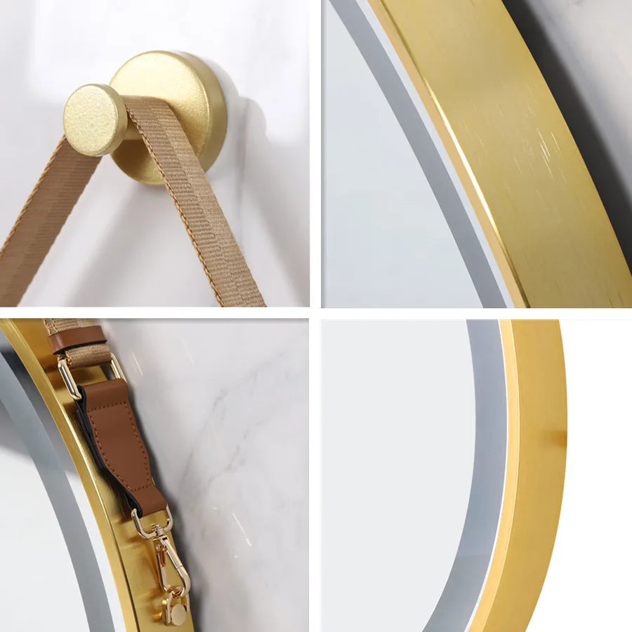 LUVODI Round Dimmable LED Bathroom Mirror – Fogless Smart Mirror with Black Gold Frame & Detachable Hanging Rope