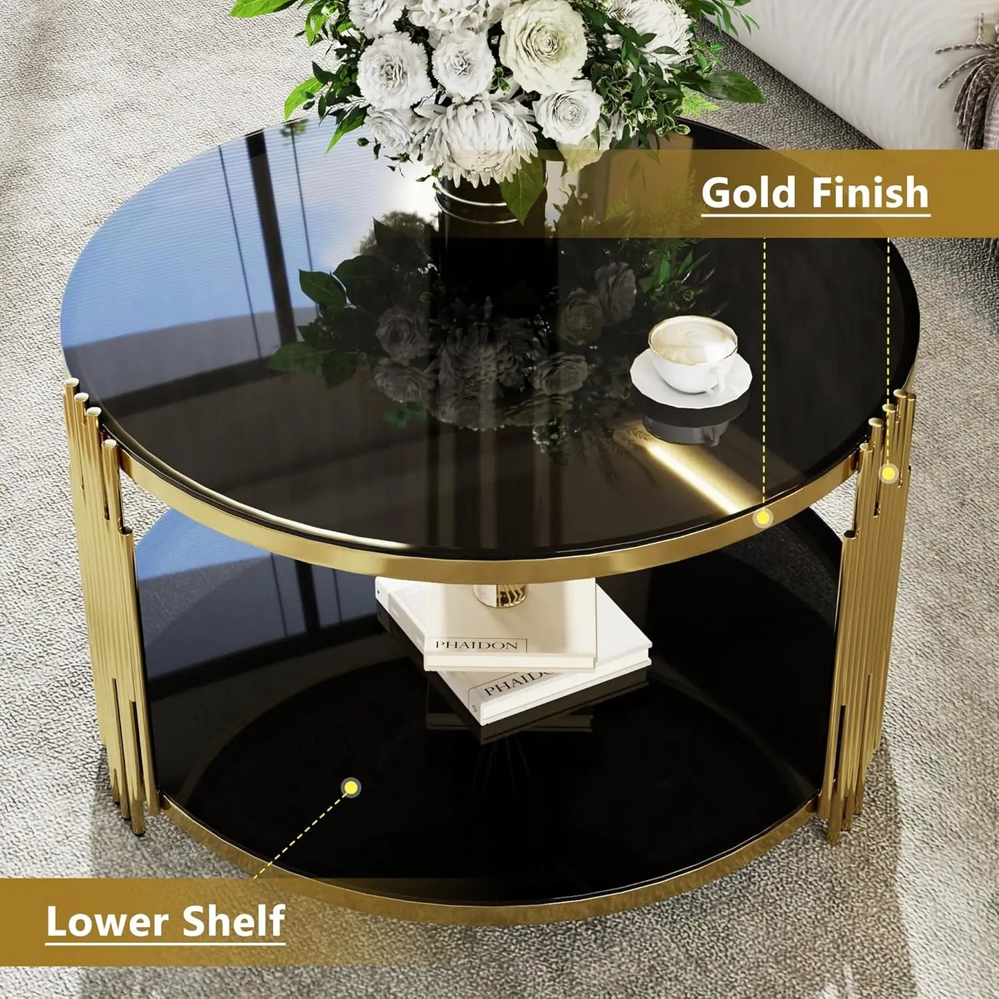 Black Round Modern Gold Glass Coffee Table