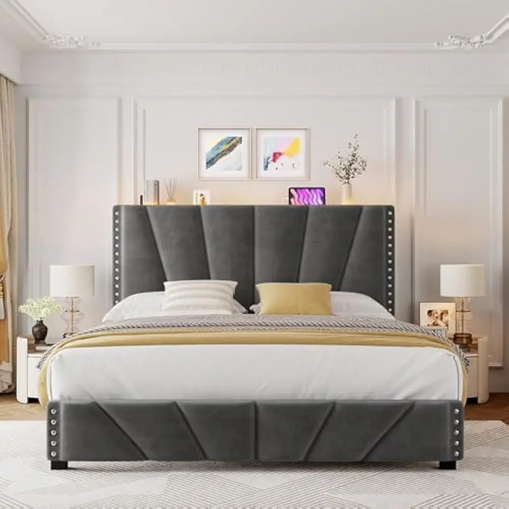 LED Velvet Bed Frame with Storage Headboard & Charging Station – Modern Upholstered Platform Bed with Sturdy Wood Slats, No Noise, Easy Assembly