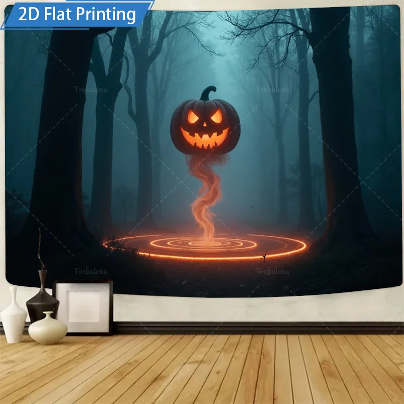 Halloween Wall Tapestry – Pumpkin Forest with Moonlit Path, Spooky Seasonal Décor for Home, Bedroom, or Party