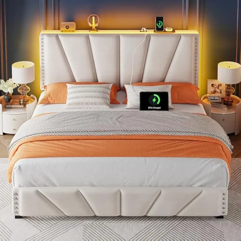 LED Velvet Bed Frame with Storage Headboard & Charging Station – Modern Upholstered Platform Bed with Sturdy Wood Slats, No Noise, Easy Assembly