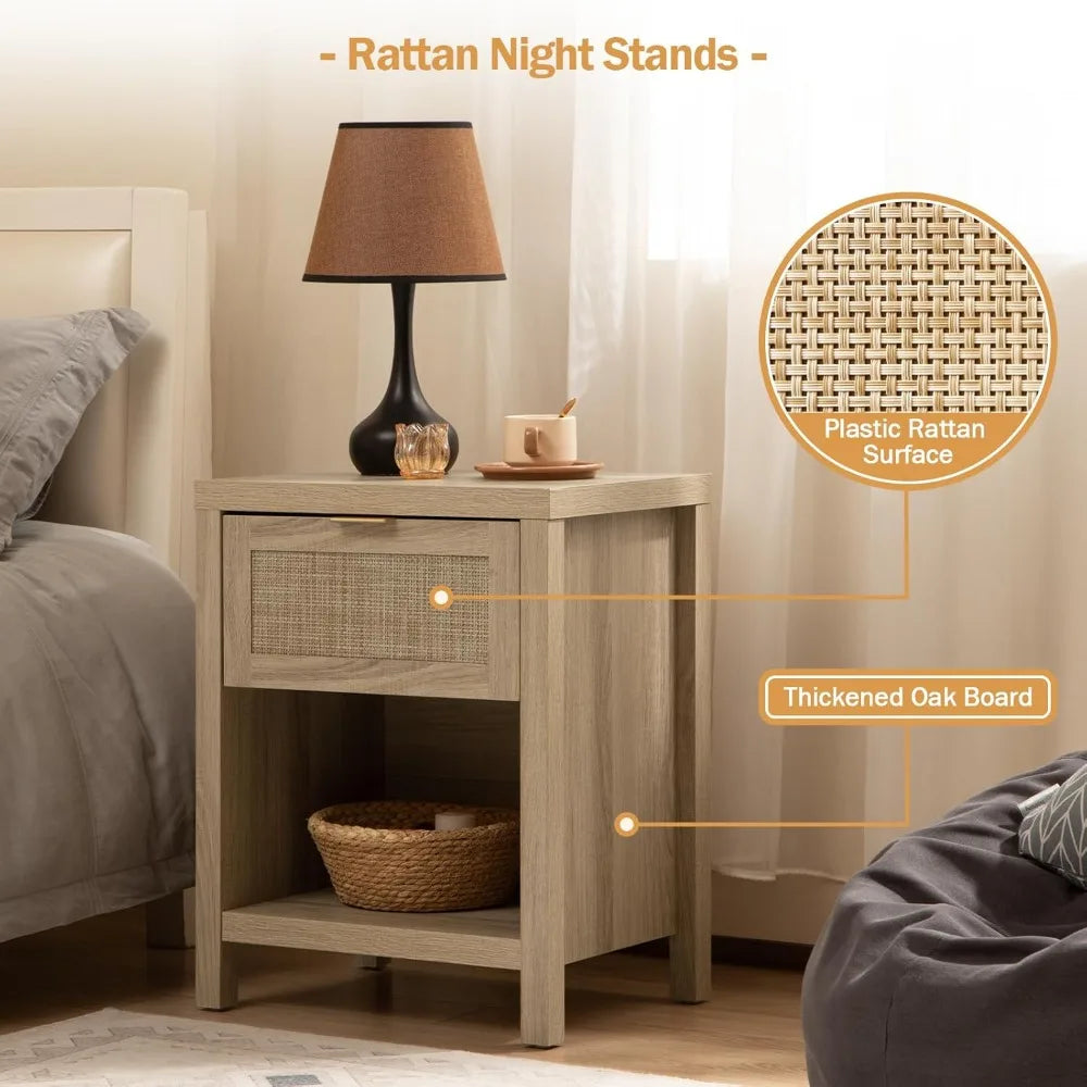 Rattan Nightstands Set of 2 – Farmhouse Bedside Tables with Drawer & Storage Shelf, Boho Chic End Tables with Wood Frame
