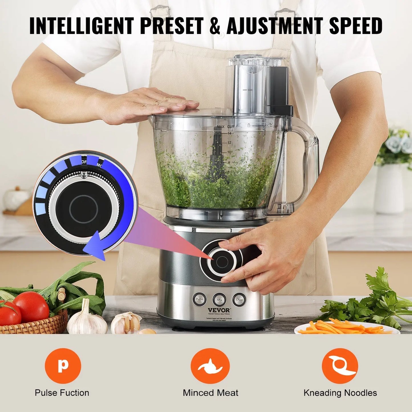 14-Cup Food Processor with 650W Motor – Stainless Steel Blade, Vegetable Chopper for Slicing, Mixing, Pureeing & Dough Kneading
