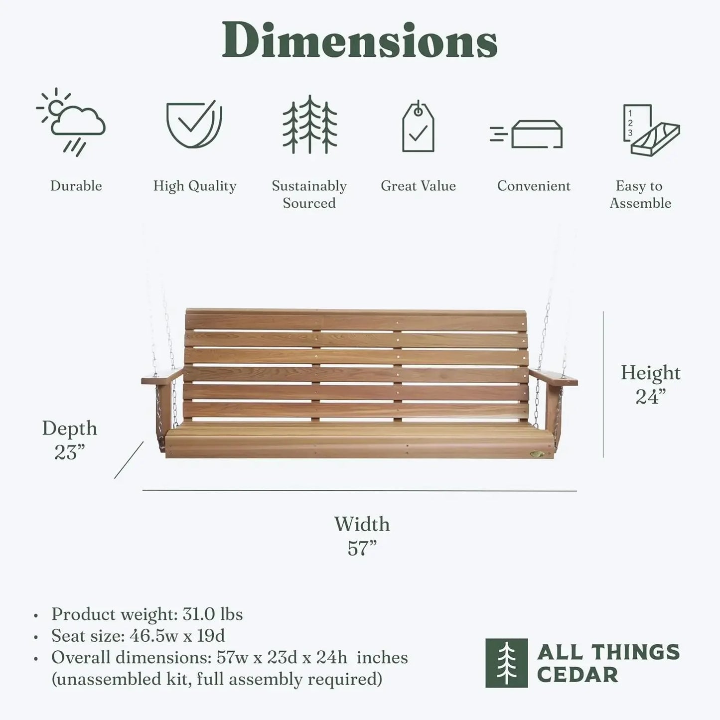 4-Foot Wooden Porch Swing – Natural Outdoor Patio Hanging Bench for Garden, Deck, or Porch