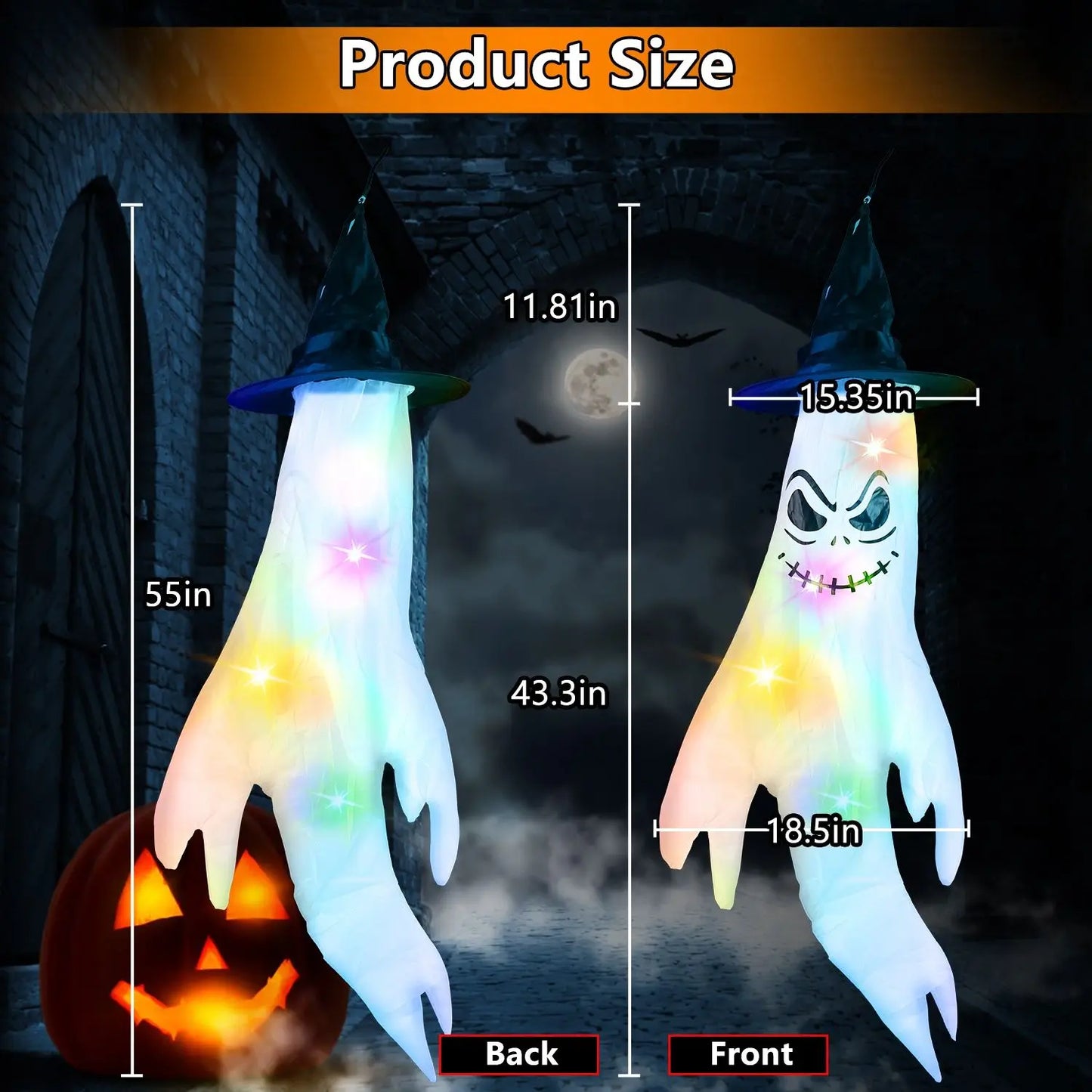 4PCS Halloween Ghost Windsocks with Witch Hats – Hanging LED Lighted Outdoor Decorations for Yard, Trees, and Porch