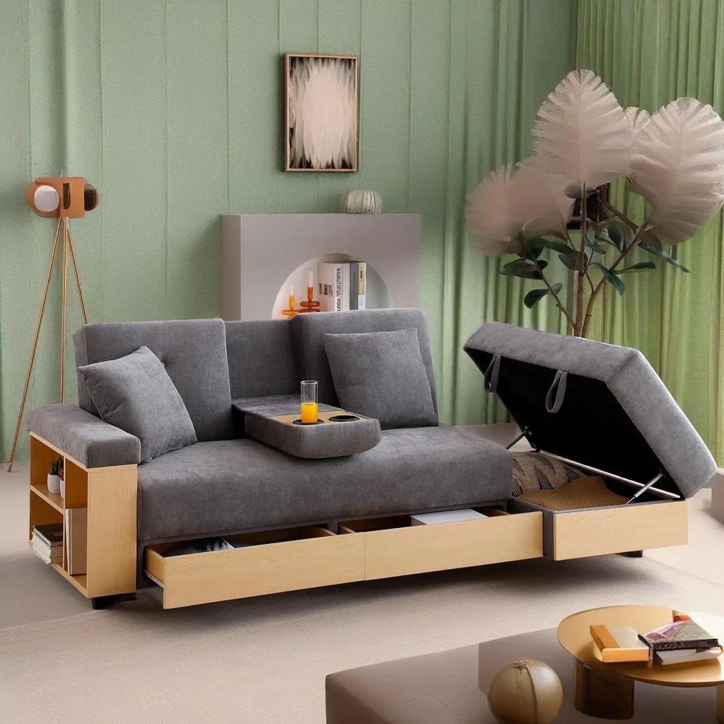 Convertible Sofa Bed with Storage Ottoman, Adjustable Armrest & Coffee Table