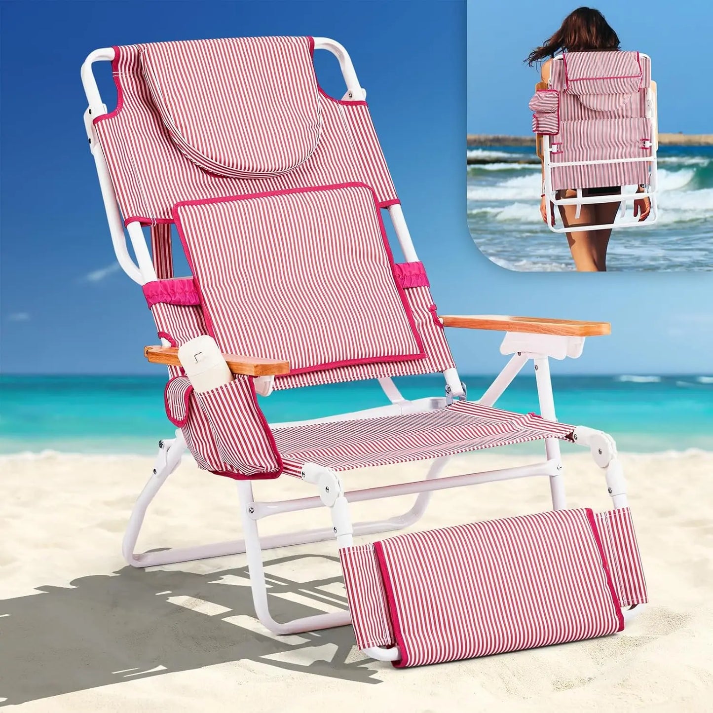 Deluxe 3-in-1 Beach Lounge Chair with Face Hole – Reclining Tanning Chair with Footrest, Cup Holder & Storage Bag – Portable Foldable Sunbed for Outdoor, Pool, Patio, and Beach