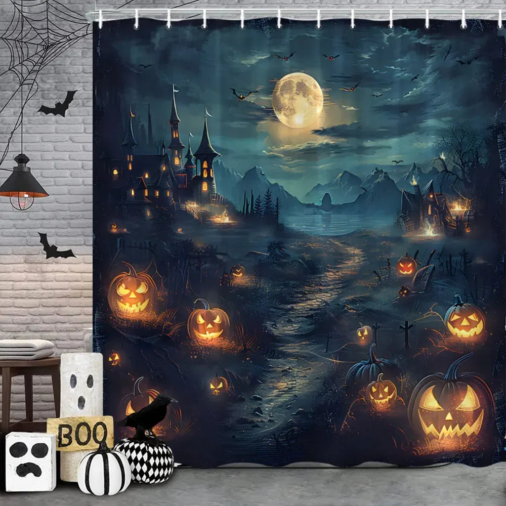 🦇 Spooky Halloween Skeleton & Crow Shower Curtain – Gothic Black Cat & Bat Design with Hooks