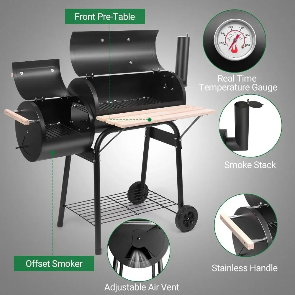 Charcoal Grill with Offset Smoker – Outdoor Patio BBQ Cooker with Wheels & Side Fire Box for Camping, Picnics, and Backyard Parties