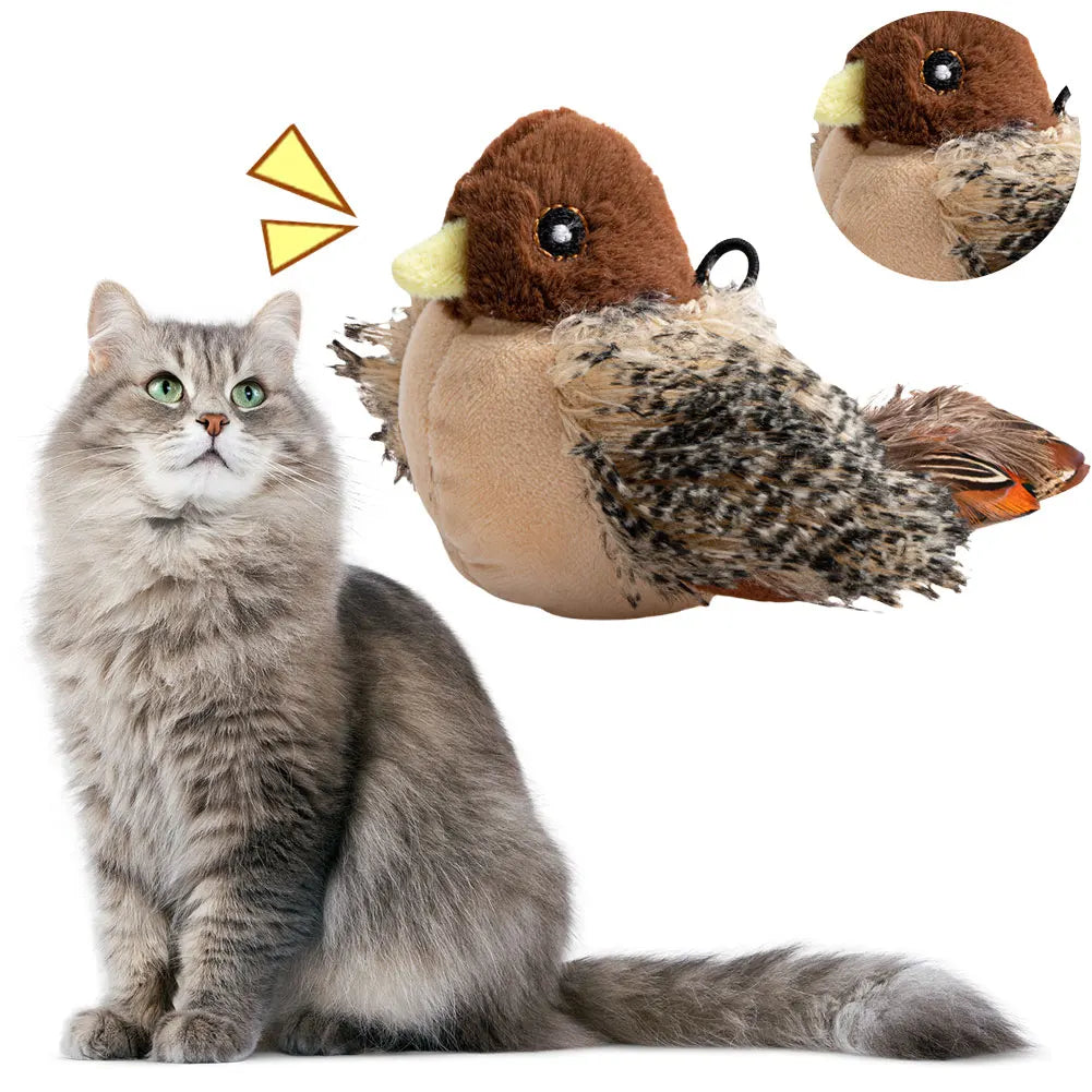 Interactive Flying Bird Cat Toy – Electric Flapping Wings & Squeaky Plush Sparrow with Catnip, Realistic Simulation Toy for Cats