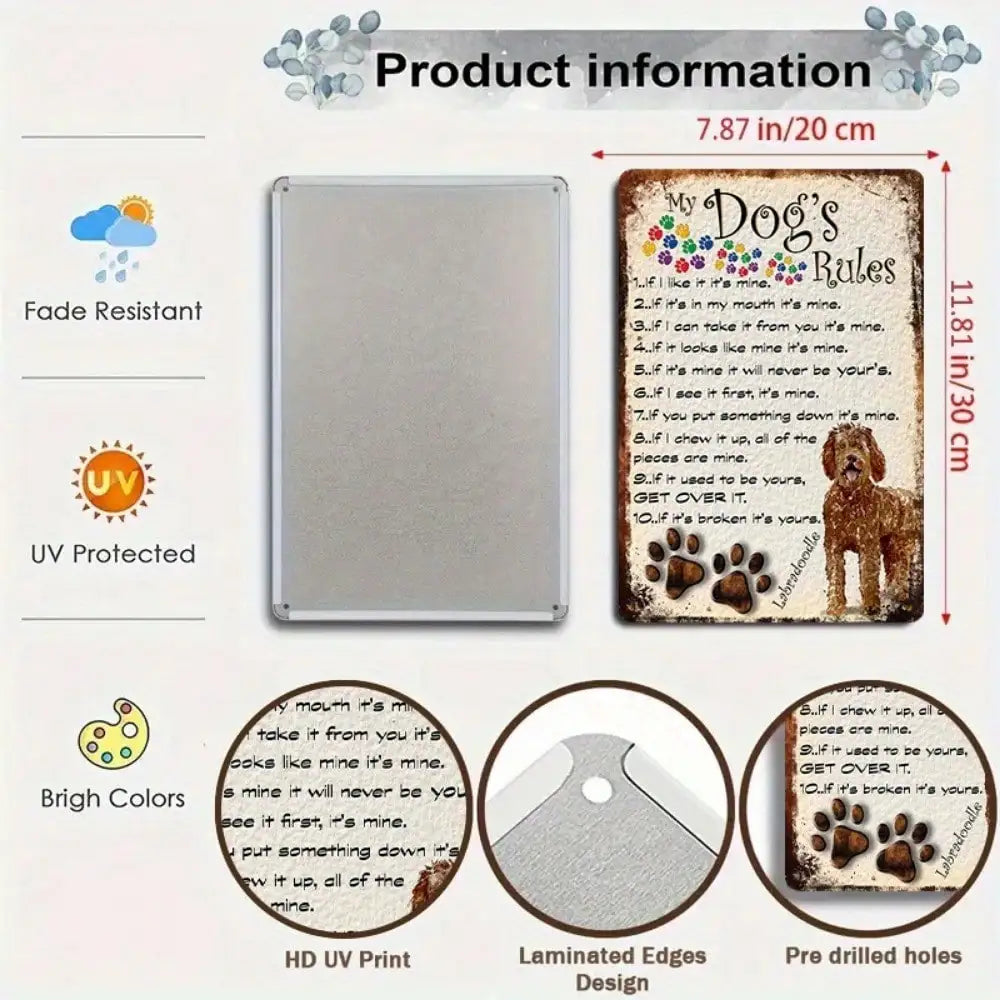 Dog’s Rules Tin Sign – Cute Pet Quote Wall Décor for Home or Pet Room (8×12 Inches / 20×30 cm)