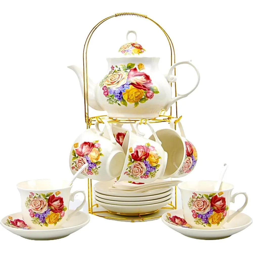 20-Piece Bone China Tea & Coffee Set with Gold Metal Rack – Elegant Porcelain Gift Set for Home, Parties, and Special Occasions (010)