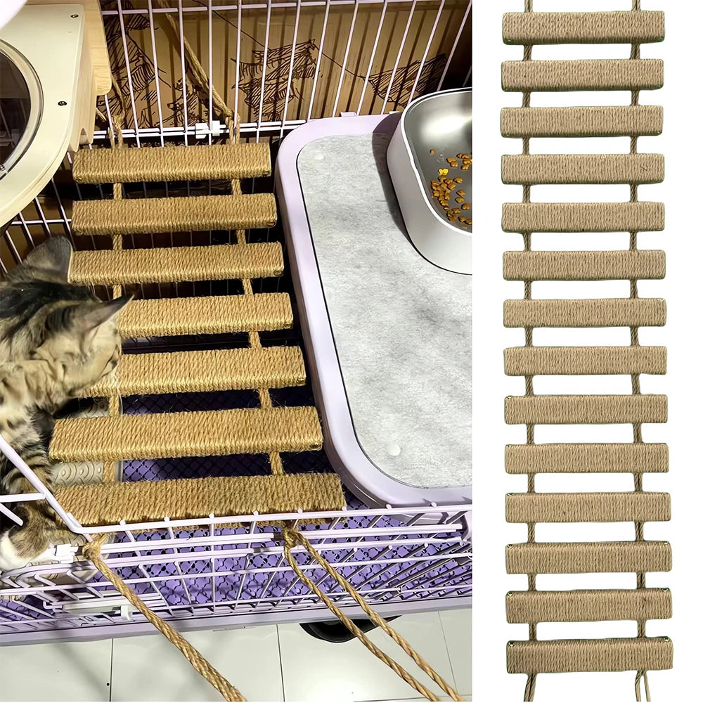 39.4" Cat Bridge for Cage – Sisal Rope Ladder & Wooden Step Scratcher | Pet Furniture & Cat Accessories