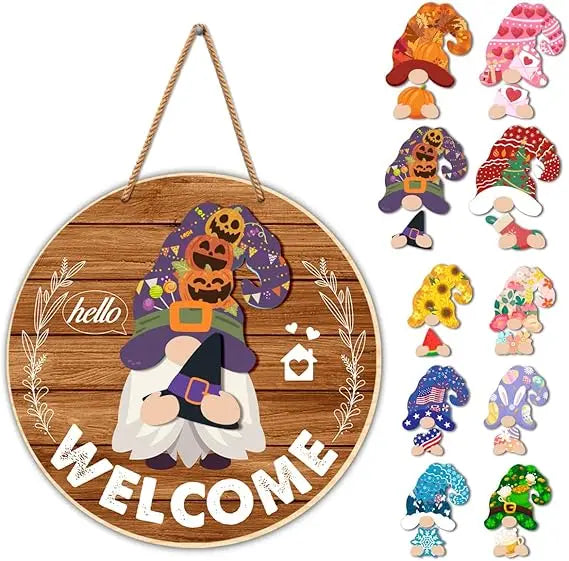 Interchangeable Gnome Welcome Sign – Seasonal Wooden Door Decoration with Changeable Holiday Gnomes for Front Porch, Wall & Home Décor