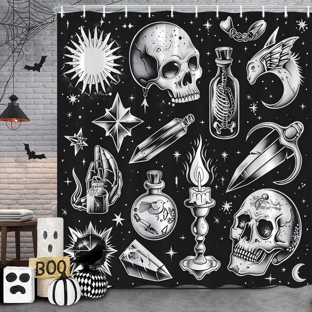 🦇 Spooky Halloween Skeleton & Crow Shower Curtain – Gothic Black Cat & Bat Design with Hooks