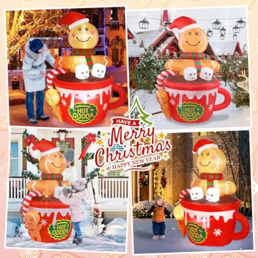6FT Gingerbread Man in Hot Cocoa Cup Inflatable with LED Lights – Outdoor Christmas Yard Decoration