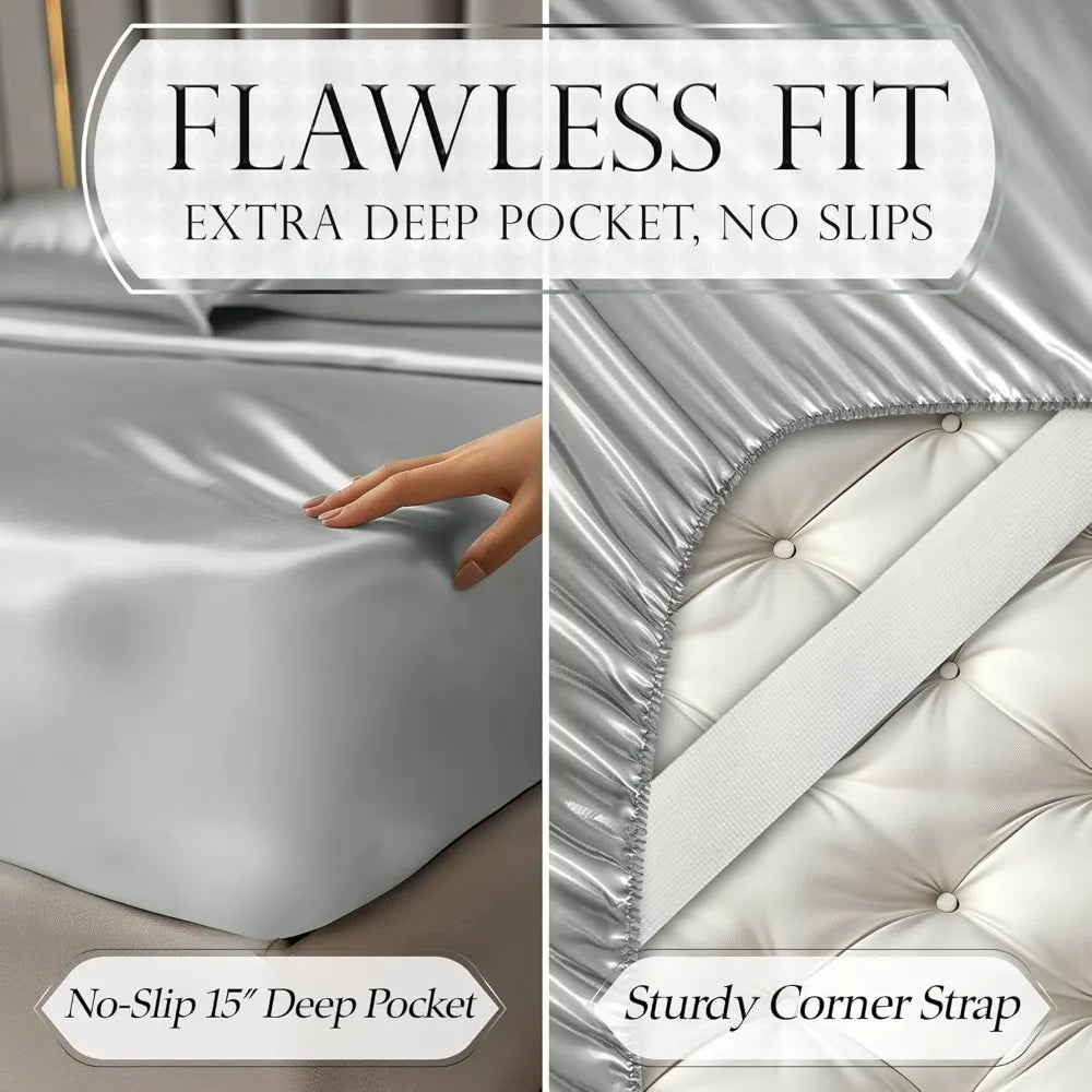 Luxury Satin Bed Sheets – 4-Piece Silky Queen Size Bedding Set, Wrinkle-Free with 15” Deep Pocket Fitted Sheet