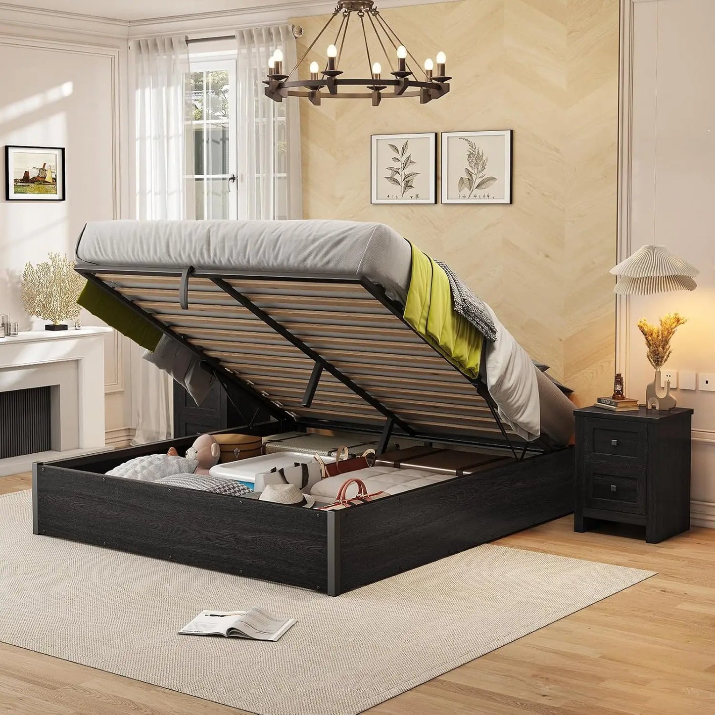 Lift-Up Storage Bed Frame – Wooden Platform Bed with Underbed Storage, Solid Wood Slat Support, No Fixed Headboard, No Box Spring Needed