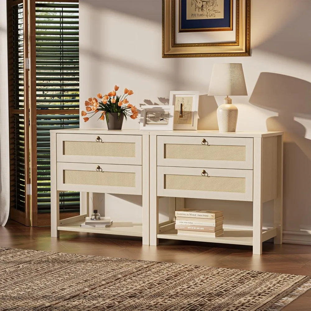 Boho Rattan Nightstand with Drawers & Open Shelf – Elegant Country-Style Bedside Table for Bedroom, Living Room, or Apartment