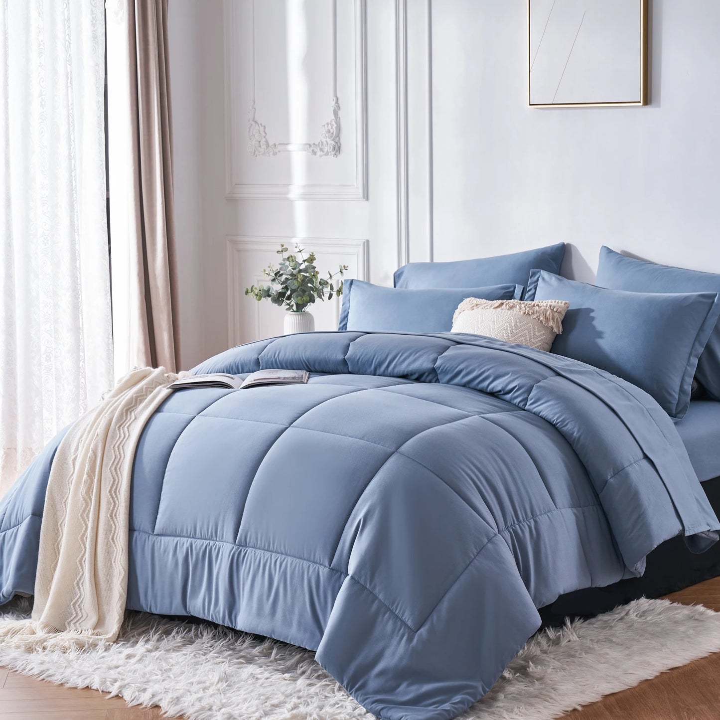 7-Piece Queen Bed-in-a-Bag Comforter Set – Stylish Solid Geometry Comforter, Sheets & Pillowcases