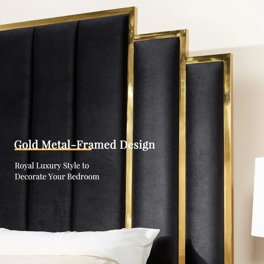 King Size Platform Bed Frame – 65" Velvet Upholstered Headboard with Elegant Gold Trim, Sturdy Wood Slats, No Box Spring Needed