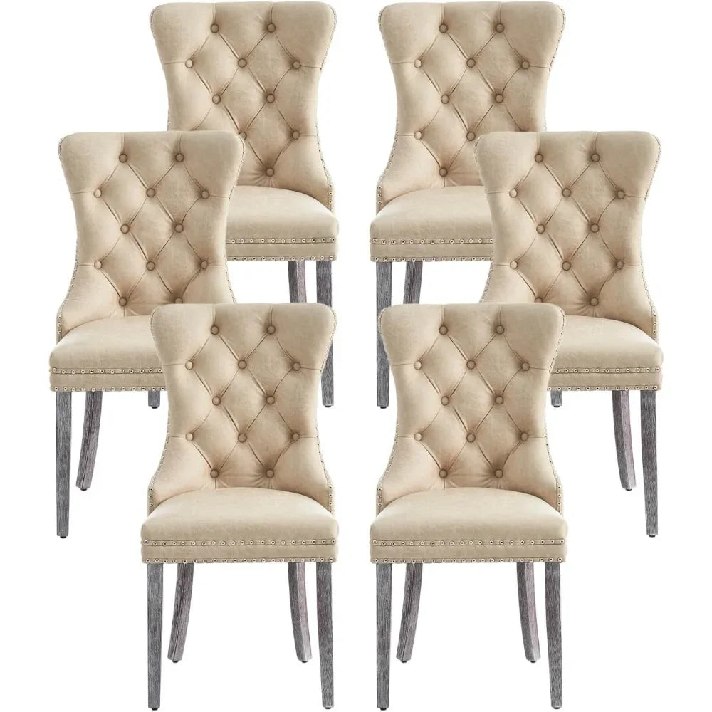 Leather Dining Chairs Set of 6 – Upholstered Wingback Dining Chairs with Nailhead Trim & Solid Wood Legs – Luxury Dining Room Side Chairs